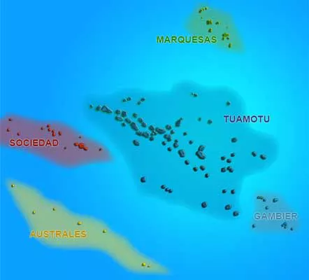 Mapa político de archipiélagos de Polinesia Francesa